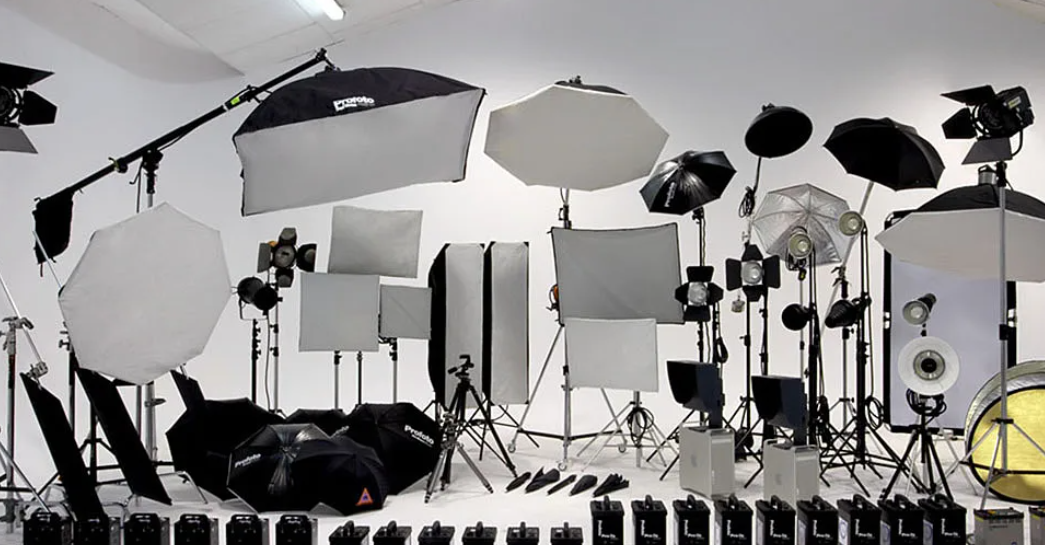 studio gear cases and lights staged in a studio